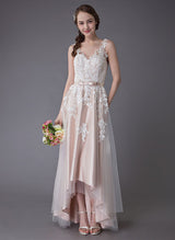 High Low Lace Wedding Dresses Bow Sash Tulle Applique for Summer Summer Beach Wedding Dresses-Dbrbridal