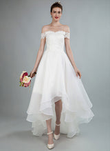 High Low Wedding Dresses Off The Shoulder Chic A-line Lace Bridal Gown-Dbrbridal