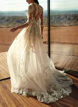 High Neck Chic A-line Wedding Dress Half Sleeves Sweep Train in Lace-Dbrbridal