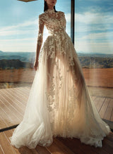 High Neck Chic A-line Wedding Dress Half Sleeves Sweep Train in Lace-Dbrbridal