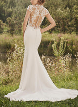 High Neck Lace Elastic Satin Mermaid Fitted Wedding Dresses-Dbrbridal