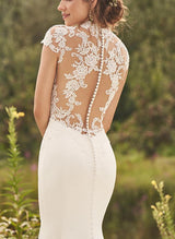 High Neck Lace Elastic Satin Mermaid Fitted Wedding Dresses-Dbrbridal