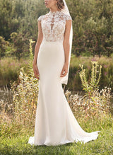 High Neck Lace Elastic Satin Mermaid Fitted Wedding Dresses-Dbrbridal
