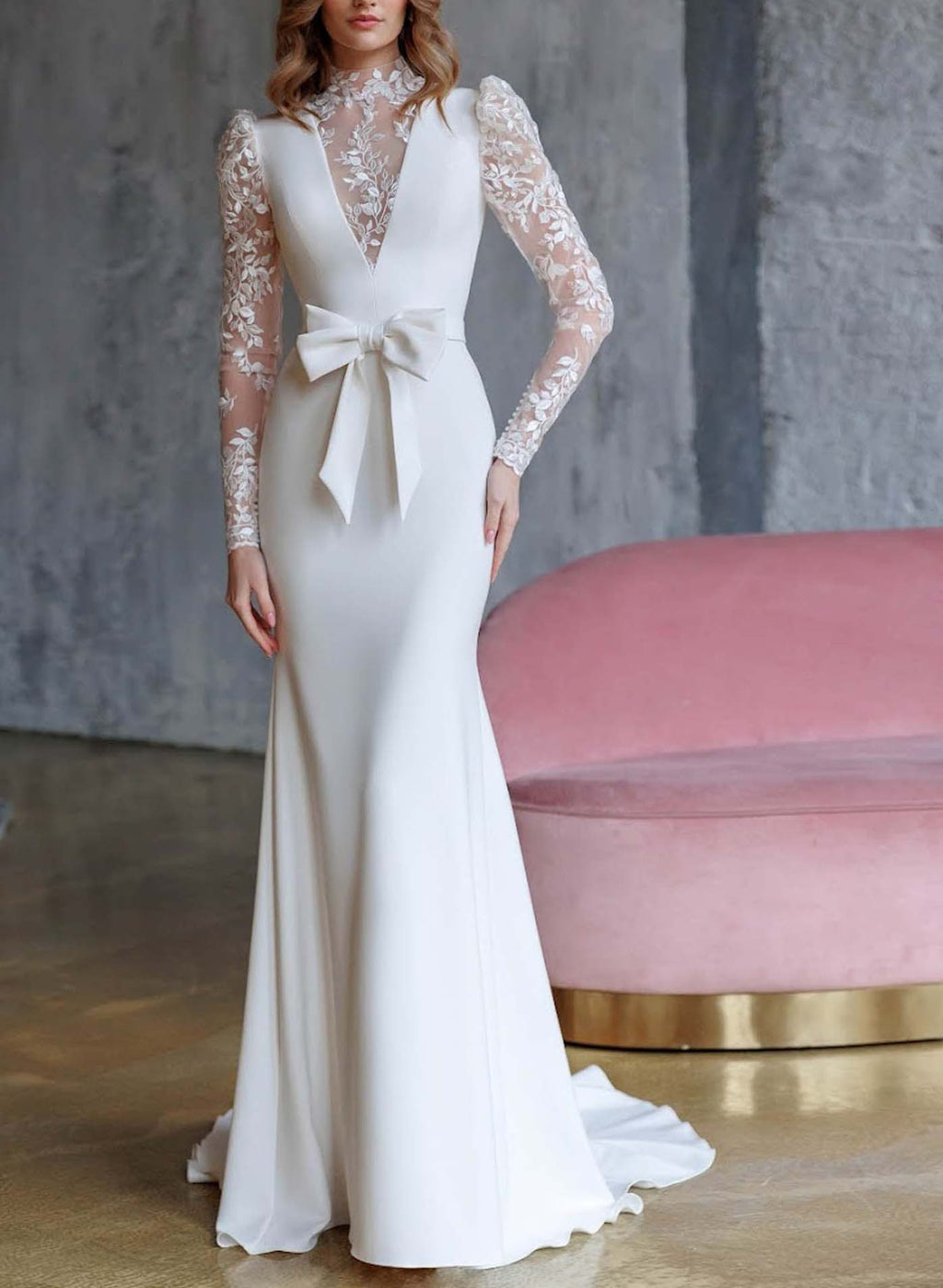 High Neck Lace Wedding Dress Long Sleeves Bow – Dbrbridal
