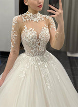 High Neck Long Sleeves Tulle Wedding Dresses Appliques Lace Ball-Gown-Dbrbridal