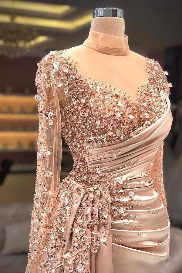 High Neck Mermaid Long Sleeves Lace Sequins Long Long Sleeve With Side Train Prom Dresses-Dbrbridal