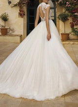 High Neck Sleeveless Lace Tulle Chic A-line Wedding Dress Back Hole-Dbrbridal