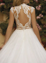 High Neck Sleeveless Lace Tulle Chic A-line Wedding Dress Back Hole-Dbrbridal