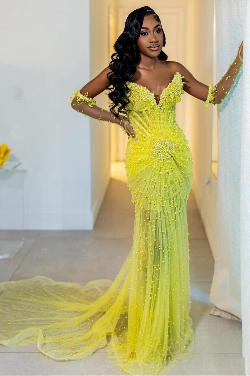 Hot Yellow Sweetheart Sheer Tulle Prom Dress with Pearls-Dbrbridal