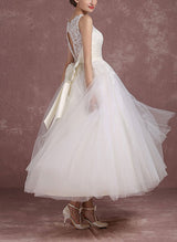 Illusion Neck Ball-Gown Sleeveless Lace Tulle Wedding Dresses Bows-Dbrbridal