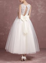 Illusion Neck Ball-Gown Sleeveless Lace Tulle Wedding Dresses Bows-Dbrbridal