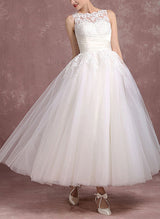 Illusion Neck Ball-Gown Sleeveless Lace Tulle Wedding Dresses Bows-Dbrbridal