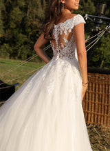 Illusion Neck Chic A-line Sleeveless Sweep Train Tulle Wedding Dresses Lace-Dbrbridal