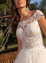 Illusion Neck Chic A-line Sleeveless Sweep Train Tulle Wedding Dresses Lace-Dbrbridal