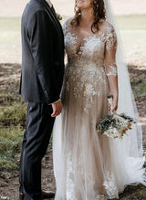 Illusion Neck Chic A-line Wedding Dresses 3 4 Sleeves Court Train in Lace Tulle-Dbrbridal