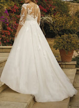 Illusion Neck Chic A-line Wedding Dresses Sequins Lace Tulle 3 4 Sleeves-Dbrbridal