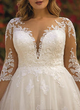 Illusion Neck Chic A-line Wedding Dresses Sequins Lace Tulle 3 4 Sleeves-Dbrbridal