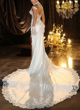Illusion Neck Lace Silk Like Satin Wedding Dresses High Split-Dbrbridal