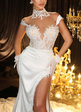 Illusion Neck Lace Silk Like Satin Wedding Dresses High Split-Dbrbridal