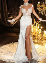 Illusion Neck Lace Silk Like Satin Wedding Dresses High Split-Dbrbridal