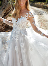 Illusion Neck Lace Wedding Dress Chic A-line Silhouette Sweep Train-Dbrbridal