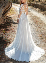 Illusion Neck Lace Wedding Dress Chic A-line Silhouette Sweep Train-Dbrbridal