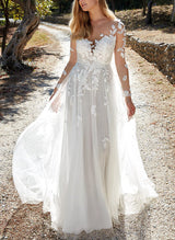 Illusion Neck Lace Wedding Dress Chic A-line Silhouette Sweep Train-Dbrbridal