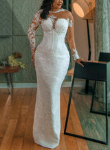 Illusion Neck Long Sleeves Lace Satin Sheath Fitted Wedding Dresses-Dbrbridal