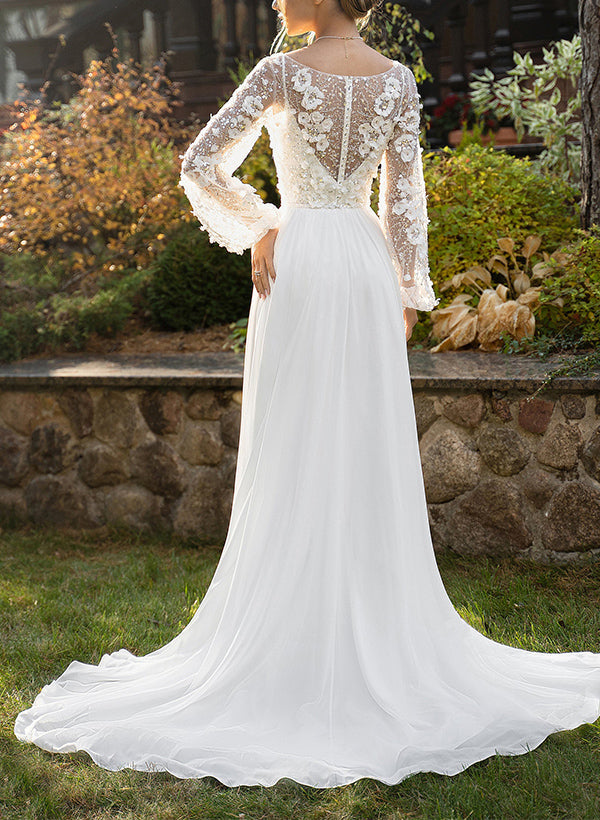 Illusion Neck Long Sleeves Lace Tulle Wedding Dresses Split Front-Dbrbridal