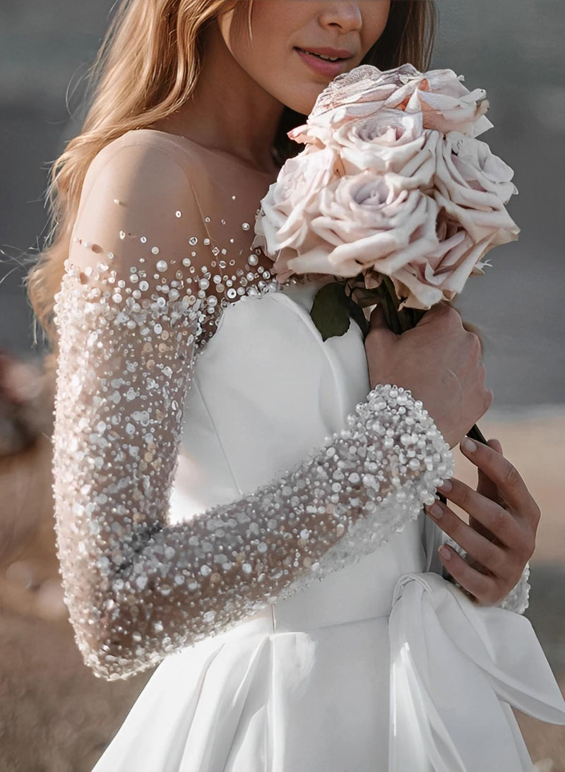 Illusion Neck Long Sleeves Sweep Train Wedding Dress-Dbrbridal
