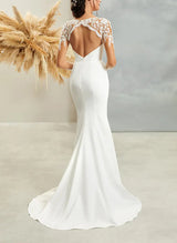 Illusion Neck Mermaid Fitted Lace Elastic Satin Wedding Dress Long Sleeves-Dbrbridal