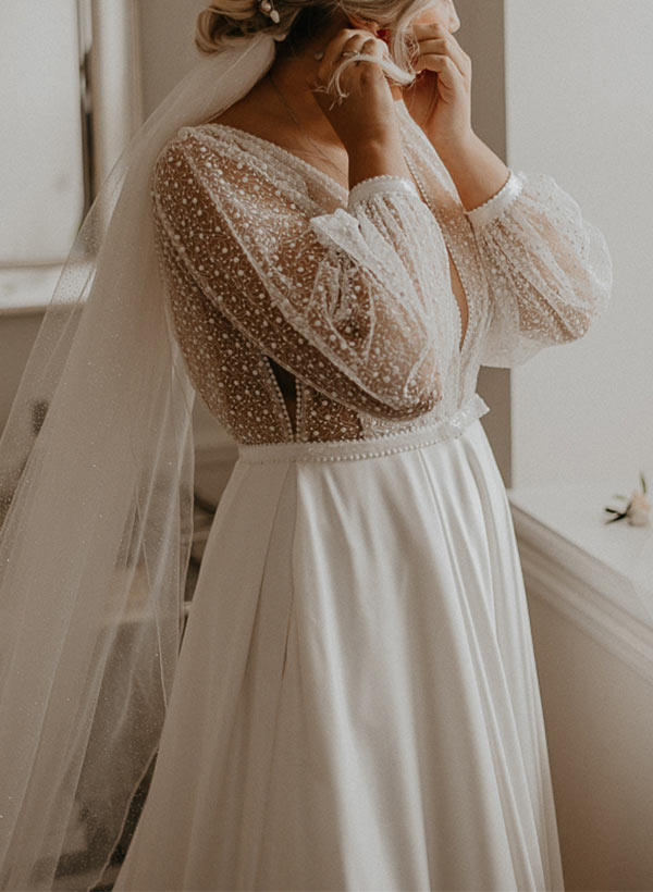 Illusion Neck Plus Size Chic A-line Lace Sweep Train Long Sleeves Wedding Dresses-Dbrbridal