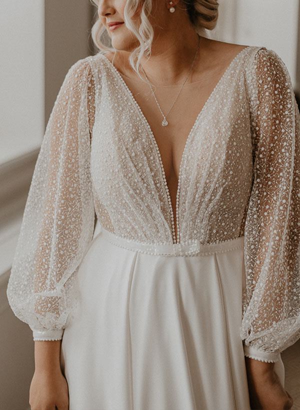 Illusion Neck Plus Size Chic A-line Lace Sweep Train Long Sleeves Wedding Dresses-Dbrbridal