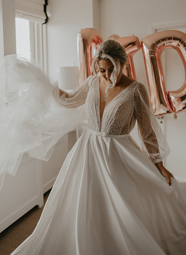 Illusion Neck Plus Size Chic A-line Lace Sweep Train Long Sleeves Wedding Dresses-Dbrbridal