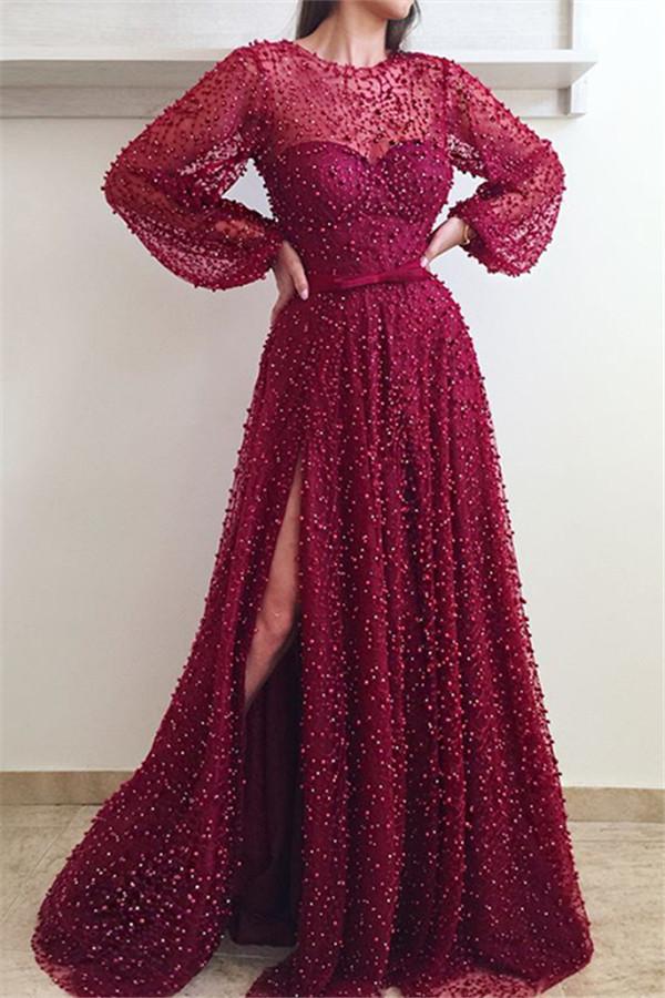 Illusion neck Scarlet Long Sleeves Split Evening Dresses Flare sleeves Princess Beadings Prom Dresses with Bow-Dbrbridal