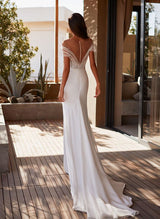 Illusion Neck Short Sleeves Sweep Train Elastic Satin Wedding Dresses Beaded-Dbrbridal