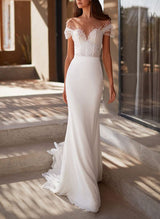 Illusion Neck Short Sleeves Sweep Train Elastic Satin Wedding Dresses Beaded-Dbrbridal