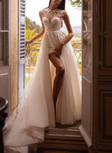 Illusion Neck Short Sleeves Tulle Wedding Dress High Split-Dbrbridal