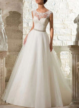 Illusion Neck Sleeveless Lace Tulle Wedding Dresses Rhinestone-Dbrbridal