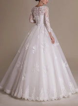 Illusion Neck Tulle Wedding Dresses Appliques Lace Sleeves for Plus Size Ball-Gown-Dbrbridal