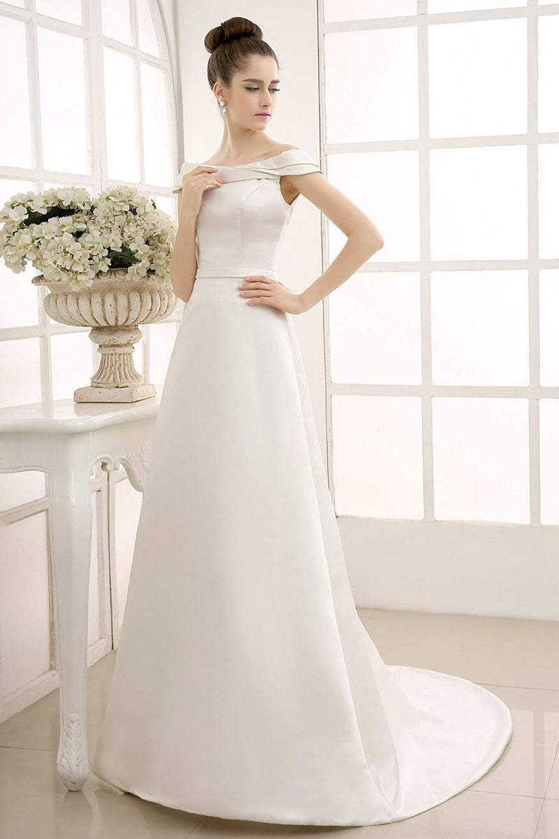 Ivory A-Line Sweep Bridal Wedding Dress With Off-The-Shoulder Ruffles Exclusive-Dbrbridal