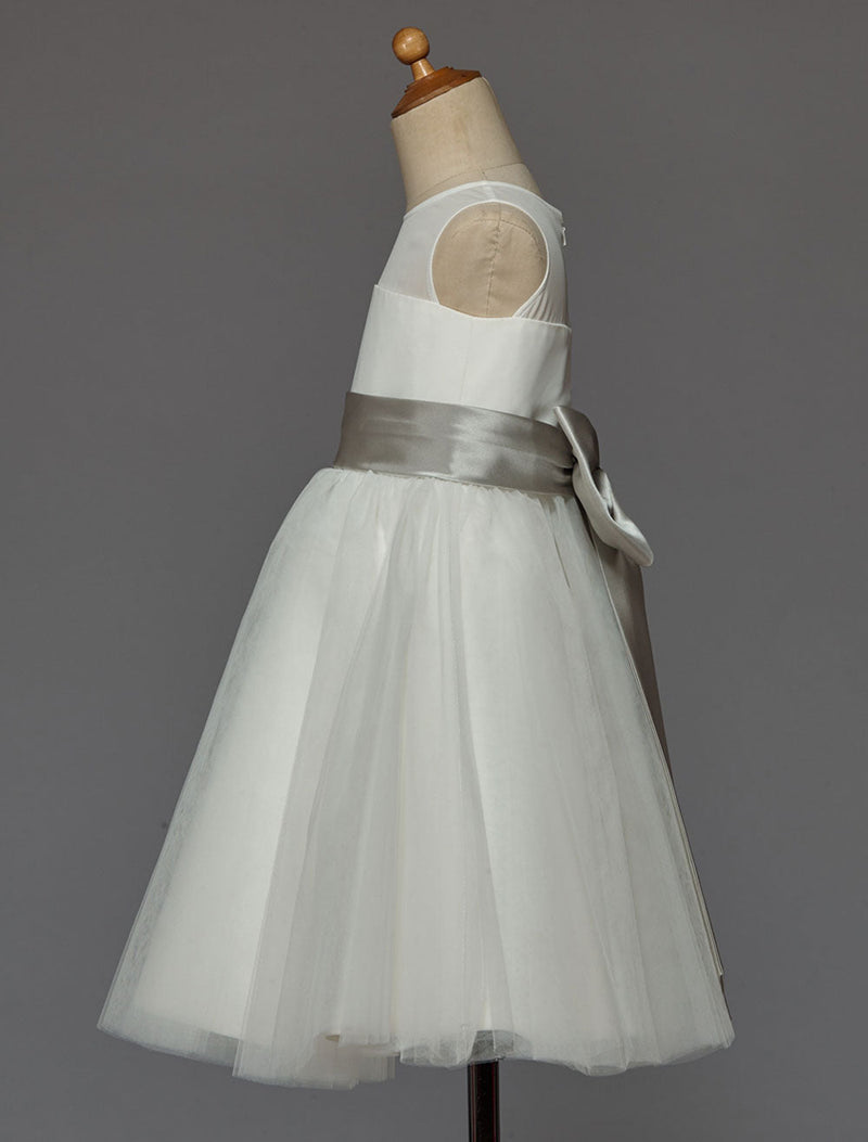 Ivory flower girl dress With Bow Sash Chiffon Satin-Dbrbridal