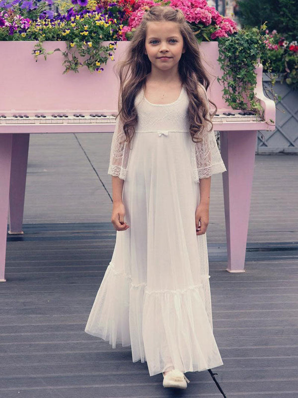 Ivory Jewel Neck Long Sleeves Lace Kids Party Dresses-Dbrbridal