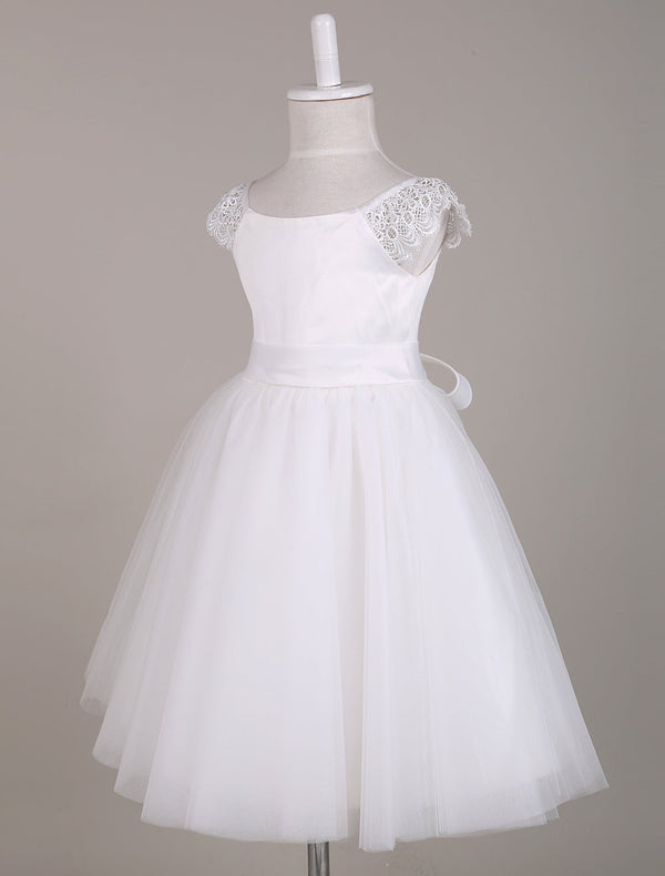 Ivory Lace Cap Sleeves Tutu Dress Bateau Short Short Kids Party Dresses-Dbrbridal