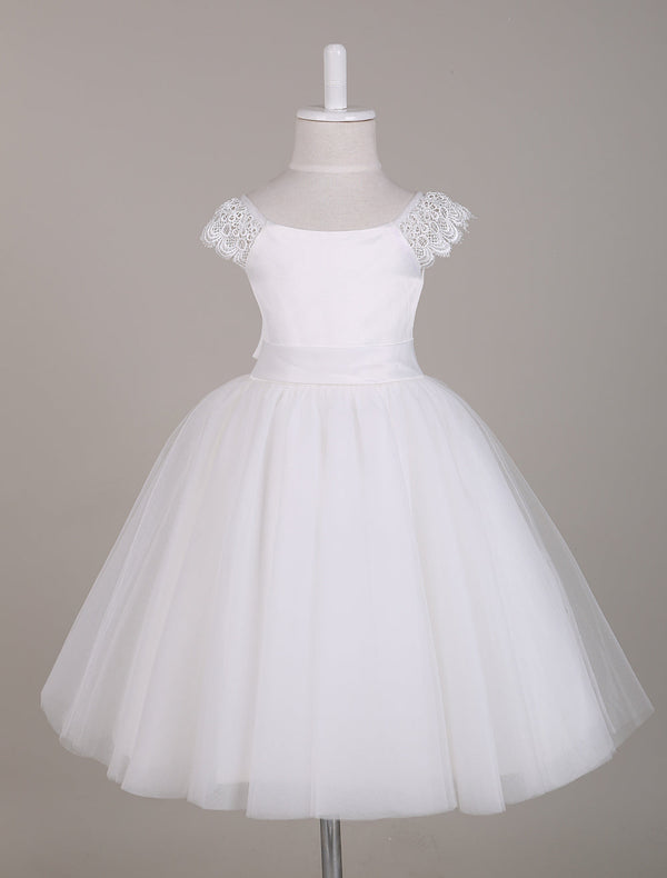 Ivory Lace Cap Sleeves Tutu Dress Bateau Short Short Kids Party Dresses-Dbrbridal