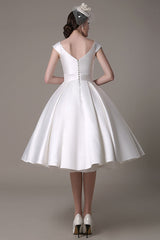 Ivory Wedding Dresses Short Satin Knee Length Bow Sash Retro Bridal Dress Exclusive-Dbrbridal