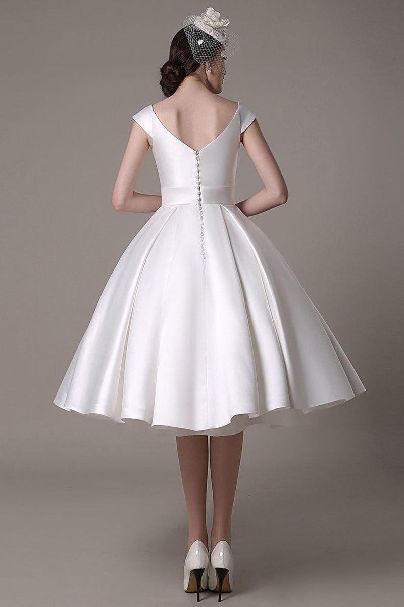 Ivory Wedding Dresses Short Satin Knee Length Bow Sash Retro Bridal Dress Exclusive-Dbrbridal
