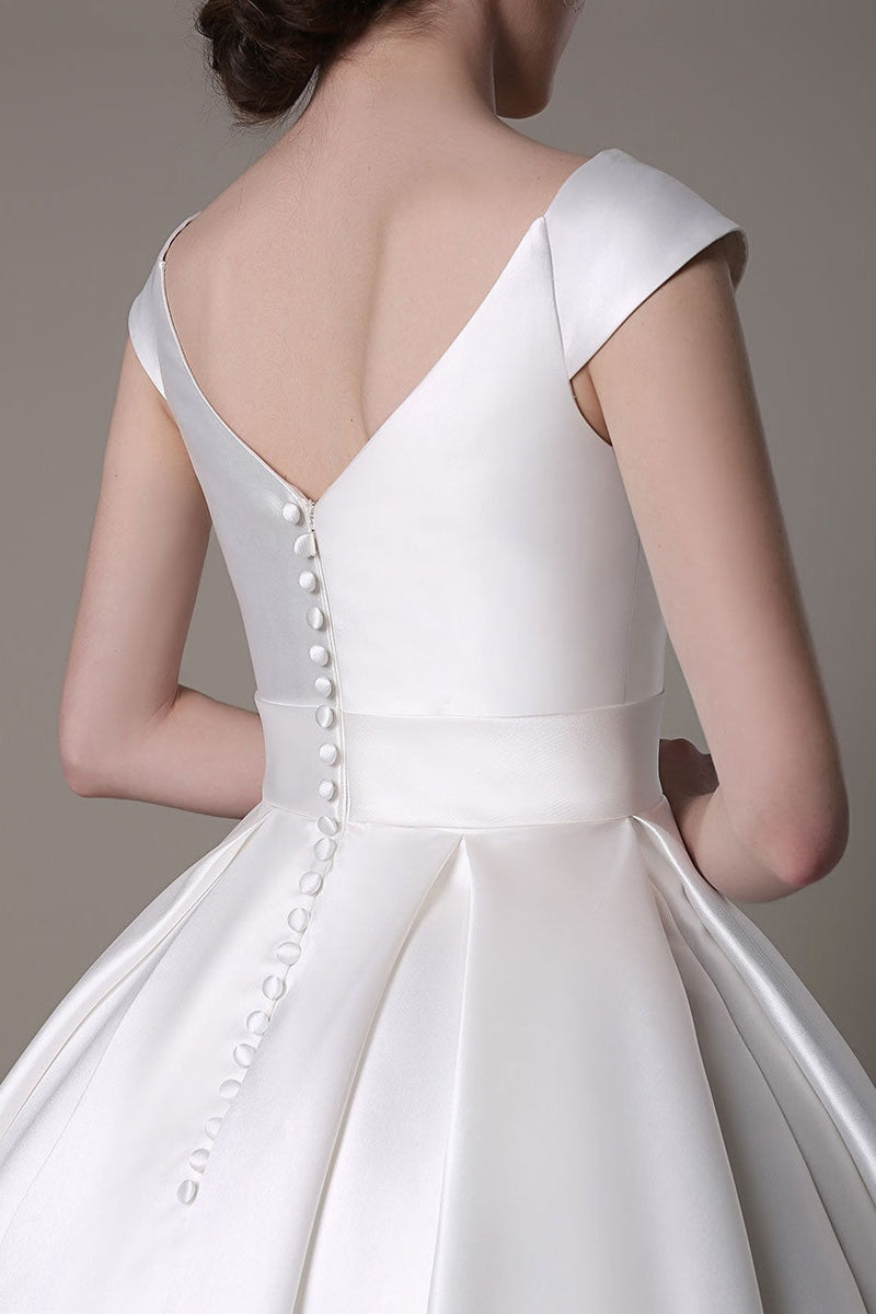 Ivory Wedding Dresses Short Satin Knee Length Bow Sash Retro Bridal Dress Exclusive-Dbrbridal