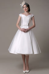 Ivory Wedding Dresses Short Satin Knee Length Bow Sash Retro Bridal Dress Exclusive-Dbrbridal