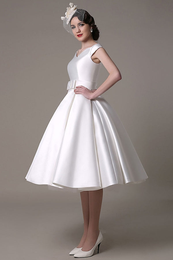 Ivory Wedding Dresses Short Satin Knee Length Bow Sash Retro Bridal Dress Exclusive-Dbrbridal